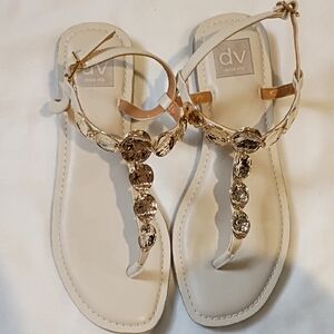 Dolce Vita Cream T-Strap Sandals with Gold Gem Accents Size 9.
